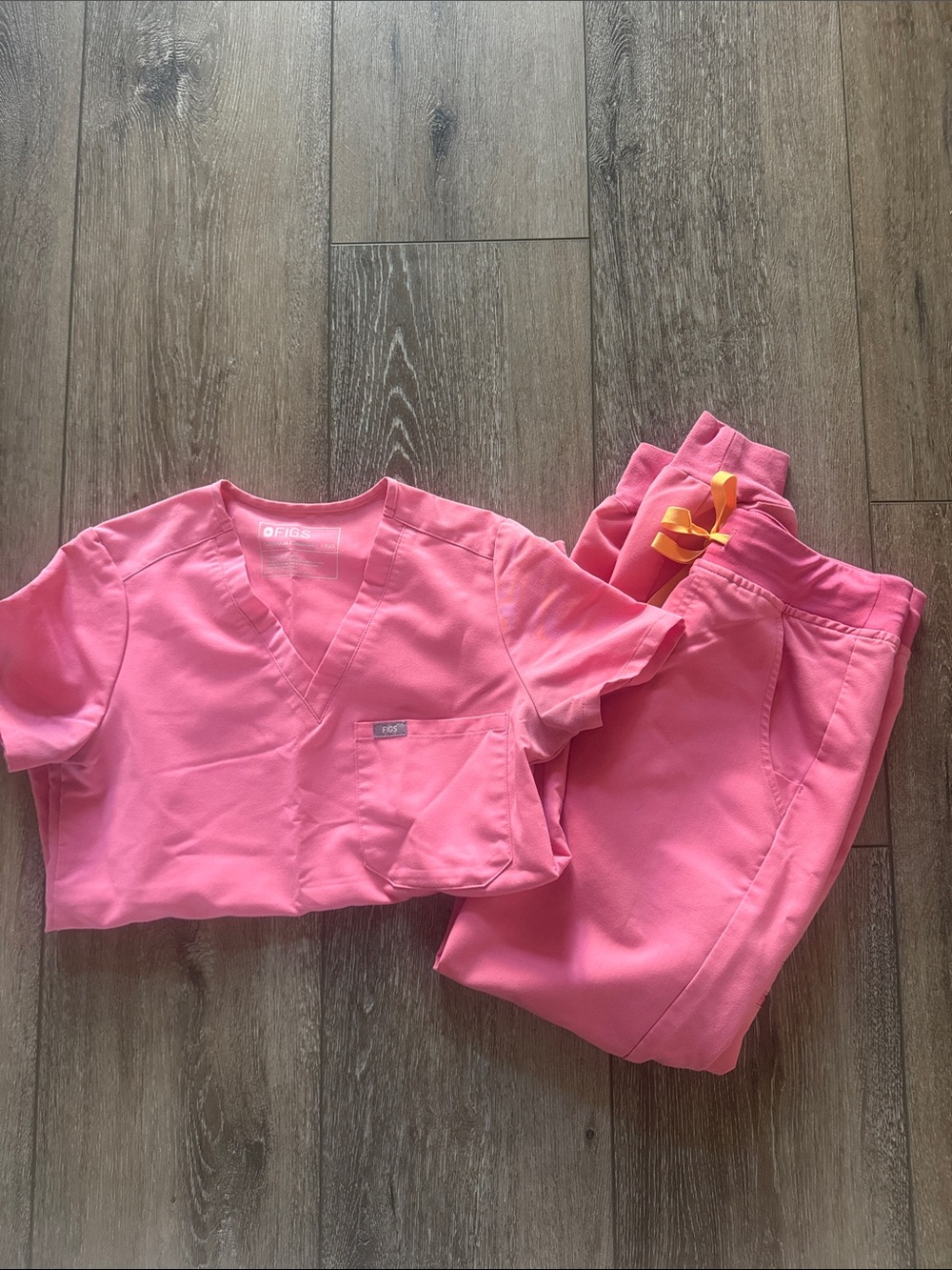 Figs Pink Women's Short Sleeve Scrub Set with Yellow Drawcord Accent